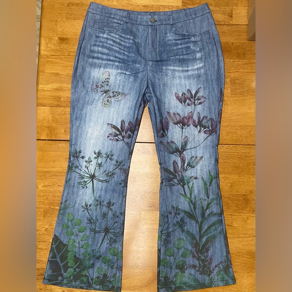 Blue Floral Print Wide Leg Jeans